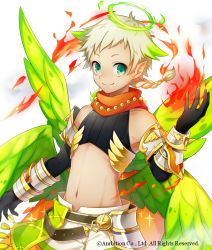 Rule 34 | 1boy, aki no jikan, black gloves, braid, braided ponytail, company name, feathered wings, fire, gloves, green eyes, green hair, green wings, halo, male focus, maru-kichi, multicolored hair, navel, official art, simple background, solo, standing, streaked hair, two-tone hair, watermark, wings