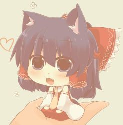 Rule 34 | 1girl, :3, animal ears, bow, cat ears, chibi, commentary request, detached sleeves, fang, hair bow, hair tubes, hakurei reimu, hazuki ruu, in palm, kemonomimi mode, mini person, minigirl, necktie, open mouth, red bow, simple background, solo, solo focus, touhou, wide sleeves