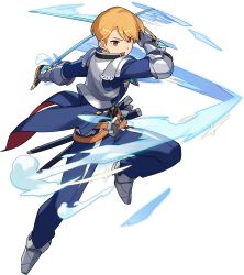 Rule 34 | 1boy, armor, armored boots, arms up, artist request, belt, black vest, blonde hair, blue coat, blue pants, boots, brooch, coat, coattails, dual wielding, frost, full body, gauntlets, gem, grey footwear, highres, holding, holding sword, holding weapon, jewelry, jumping, long sleeves, looking at viewer, male focus, non-web source, official art, open mouth, outstretched arm, pants, pointy footwear, red eyes, sabaton, sheath, shirt, short hair, shoulder armor, simple background, solo, sparkle, spread legs, swept bangs, sword, transparent background, v-shaped eyebrows, vest, weapon, white shirt, world flipper, yuwel (world flipper)