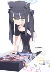 Rule 34 | 1girl, absurdres, animal ear fluff, animal ears, arm support, black dress, black hair, blue archive, china dress, chinese clothes, crayon, drawing, drawing on own face, dress, full body, green eyes, hair ribbon, halo, highres, holding, holding crayon, jiryu50610218, kneeling, long hair, no shoes, ribbon, short sleeves, shun (blue archive), shun (small) (blue archive), side slit, sidelocks, solo, sweatdrop, thighhighs, tiger ears, twintails, weapon case, white background, white thighhighs