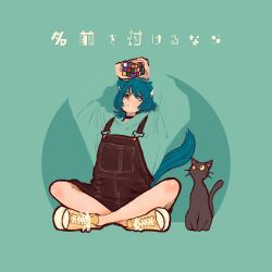 Rule 34 | 1girl, animal ears, arms up, black cat, black overalls, blending, blue hair, blue tail, cat, cat ears, cat girl, commentary request, copyright request, green background, green shirt, heterochromia, highres, long sleeves, overalls, rubik&#039;s cube, second-party source, shirt, shoes, solo, syooooyoooo, yellow footwear