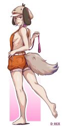 Rule 34 | 1girl, :p, animal collar, animal ears, bare legs, bare shoulders, barefoot, breasts, brown hair, closed mouth, collar, d-rex, dog ears, dog girl, dog tail, female focus, from behind, full body, hand on own hip, hand up, highres, leash, lips, looking at viewer, looking back, medium breasts, naughty face, orange overalls, original, overall shorts, overalls, shiny skin, short hair, solo, standing, tail, tongue, tongue out, white background