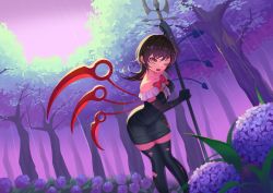 Rule 34 | 1girl, arm up, asymmetrical wings, black dress, black gloves, black hair, black thighhighs, bow, bowtie, breasts, collarbone, dress, elbow gloves, flower, forest, gloves, highres, holding, holding weapon, houjuu nue, long hair, medium breasts, nature, one eye closed, open mouth, outdoors, pink sky, polearm, purple flower, recare, red bow, red bowtie, red eyes, short dress, sky, solo, thighhighs, torn clothes, torn thighhighs, touhou, trident, weapon, wide hips, wings