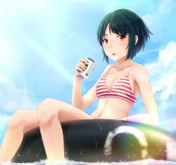 Rule 34 | 1girl, afloat, alcohol, arm up, beer, beer can, bikini, bikini top only, blue sky, breasts, can, cleavage, cloud, day, drink can, floating, green hair, halterneck, highres, holding, holding can, innertube, light rays, navel, orange eyes, original, outdoors, phusit, short hair, sitting, sky, small breasts, solo, striped bikini, striped bikini top, striped clothes, summer, sunbeam, sunlight, swim ring, swimsuit, water, wet