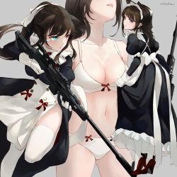 Rule 34 | 1girl, alternate costume, artist name, bad id, bad pixiv id, blue eyes, blush, bow, bow panties, bra, breasts, brown hair, chowbie, closed mouth, clothes lift, collarbone, commentary request, cowboy shot, enmaided, from behind, gloves, gluteal fold, grey background, gun, heterochromia, high heels, long hair, long skirt, looking at viewer, maid, maid headdress, maid master, medium breasts, multiple views, navel, open mouth, original, panties, red eyes, red footwear, revision, rifle, simple background, skirt, skirt lift, thighhighs, thighs, underwear, weapon, white bra, white gloves, white panties, white thighhighs