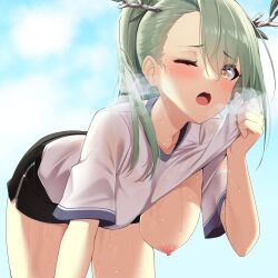 Rule 34 | 1girl, antlers, bent over, blush, branch, breasts, ceres fauna, clothes lift, green hair, hanging breasts, highres, hololive, hololive english, horns, large breasts, long hair, looking at viewer, nipples, no bra, one breast out, one eye closed, open mouth, outdoors, shirt, shirt lift, short sleeves, shorts, solo, steam, sweat, virtual youtuber, wet, yellow eyes, yuyu5x