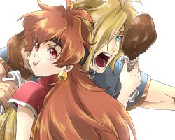 Rule 34 | 1boy, 1girl, :t, black headband, blonde hair, blue eyes, blue shirt, brown hair, eating, food, fujimo nao, gourry gabriev, hair over one eye, headband, holding, holding food, lina inverse, long hair, open mouth, red eyes, red shirt, shirt, short sleeves, simple background, slayers, very long hair, white background