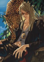 Rule 34 | 1boy, black jacket, black nails, blonde hair, fate/grand order, fate (series), highres, jacket, jaguar, jewelry, long hair, looking at viewer, male focus, midriff peek, necklace, open clothes, open jacket, show jin, smile, solo, sunglasses, tezcatlipoca (fate), toned, toned male