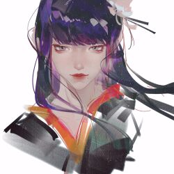 Rule 34 | 1girl, black hair, blunt bangs, cropped torso, fei yu, final fantasy, final fantasy xiv, floating hair, flower, grey eyes, hair flower, hair ornament, highres, hyur, light smile, long hair, looking at viewer, mole, mole under mouth, portrait, red lips, simple background, sketch, solo, straight-on, white background, yotsuyu goe brutus