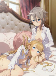 Rule 34 | 2girls, ange (princess principal), artist request, bed, blonde hair, blue eyes, blush, bottomless, braid, breasts, closed mouth, collarbone, unworn eyewear, glasses, grey hair, hair ornament, hair ribbon, highres, indoors, lap pillow, long hair, looking at another, multiple girls, no bra, no panties, official art, on bed, open clothes, open shirt, princess (princess principal), princess principal, ribbon, shirt, short hair, small breasts, smile, source request, white shirt, window, yuri