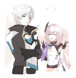 Rule 34 | 1boy, 1girl, :d, ^ ^, awe (adorableduckyy), black jacket, breasts, cleavage, closed eyes, closed mouth, commentary, cropped legs, crossed arms, elysia (honkai impact), elysia (miss pink elf) (honkai impact), facing viewer, green eyes, half-closed eyes, highres, honkai (series), honkai impact 3rd, jacket, kevin kaslana, long hair, medium breasts, open clothes, open jacket, open mouth, pink hair, pointy ears, shirt, sketch, smile, very long hair, white background, white hair, white shirt