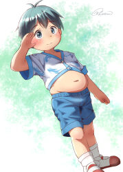 Rule 34 | 1boy, antenna hair, belly, blue shorts, blush, character request, closed mouth, commentary request, copyright request, dot nose, foot out of frame, highres, looking away, male focus, midriff, momotaro chitose, muffin top, navel, plump, shoes, short hair, short sleeves, shorts, signature, socks, solo, tareme