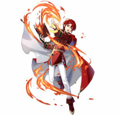 Rule 34 | 1boy, azelle (fire emblem), book, boots, brown footwear, cape, clenched hand, coat, fire, fire emblem, fire emblem: genealogy of the holy war, fire emblem heroes, holding, holding book, nintendo, official art, open mouth, pants, red cape, red coat, red eyes, red hair, tobi (kotetsu), white pants