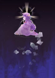 Rule 34 | 1girl, book, closed eyes, commentary, crescent, crescent hat ornament, dress, from side, full body, hat ornament, long hair, patchouli knowledge, purple dress, purple hair, solo, tarot, touhou, vikramjoti