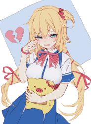 Rule 34 | 1girl, akai haato, akai haato (1st costume), animal, blonde hair, blue background, blue eyes, blue skirt, blush, breasts, broken heart, commentary, cowboy shot, crying, haaton (akai haato), hair ornament, heart, heart hair ornament, high-waist skirt, holding, holding animal, hololive, izumi sai, large breasts, long hair, looking at viewer, one side up, open mouth, red ribbon, ribbon, shirt, simple background, skirt, solo, symbol-only commentary, tears, very long hair, virtual youtuber, white shirt, wiping tears