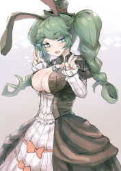 Rule 34 | + +, 1girl, animal ears, bee (deadflow), black dress, blush, bow, braid, breasts, cleavage, commentary request, copyright request, double v, dress, green eyes, green hair, hair ribbon, hat, large breasts, long dress, long hair, looking at viewer, open mouth, pink bow, rabbit ears, ribbon, simple background, solo, standing, striped ribbon, top hat, twin braids, twintails, v