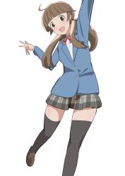 Rule 34 | 1girl, ahoge, arm up, black skirt, black thighhighs, blunt bangs, bow, bowtie, brown eyes, brown footwear, brown hair, clover earrings, earrings, highres, houkago saikoro club, jewelry, long sleeves, open mouth, pettan, plaid, plaid skirt, red bow, school uniform, skirt, smile, solo, standing, takayashiki aya, thighhighs, twintails, vest, white background