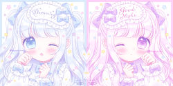 Rule 34 | 2girls, ;o, blue bow, blue eyes, blush, bow, closed mouth, commentary, english commentary, english text, frills, himetsuki luna, long hair, long sleeves, looking at viewer, mask, mask on head, multiple girls, one eye closed, original, parted lips, pink hair, puffy long sleeves, puffy sleeves, purple bow, purple eyes, shirt, signature, silver hair, sleep mask, sleeves past wrists, star (symbol), twitter username, two side up, upper body, white shirt