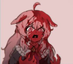 Rule 34 | 1girl, ahoge, animal ears, black sweater, blood, blood on clothes, blood on face, commentary, confused, english commentary, frills, gold necklace, h@nk, highres, invincible (series), jewelry, long hair, meme, neckerchief, necklace, open mouth, phase connect, pink eyes, pink hair, pipkin pippa, pipkin pippa (2nd costume), rabbit ears, rabbit girl, red ribbon, ribbon, scared, solo, surprised, sweater, virtual youtuber