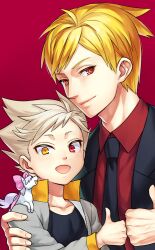 Rule 34 | 2boys, ahoge, black jacket, black necktie, black shirt, blazer, blonde hair, bow, closed mouth, collarbone, commentary request, dave strider, dirk strider, father and son, grey jacket, hair bow, hand on another&#039;s head, heterochromia, homestuck, horse, jacket, light blush, long sleeves, looking at viewer, male focus, maplehoof, minimized, multiple boys, necktie, nijuu, no eyewear, open mouth, pink bow, red background, red eyes, red shirt, shirt, short hair, simple background, smile, thumbs up, upper body, white hair, yellow eyes