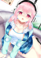 Rule 34 | 1girl, arm support, blush, breasts, chestnut mouth, cleavage, full-face blush, headphones, highres, hood, hoodie, large breasts, legs together, long hair, looking at viewer, nitroplus, open mouth, pink eyes, pink hair, pom pom (clothes), solo, super sonico, sutapon, taut clothes