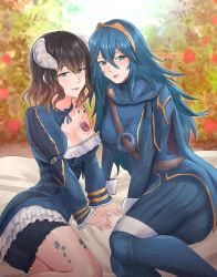 Rule 34 | 2girls, armor, ass, bloodstained: ritual of the night, blue dress, blue eyes, blue hair, boots, breast tattoo, breasts, brown hair, cape, cleavage, crossover, dress, fire emblem, fire emblem awakening, hair between eyes, highres, horns, long hair, long sleeves, looking at viewer, lucina (fire emblem), medium breasts, medium hair, miriam (bloodstained), multiple girls, nintendo, paid reward available, parted lips, rinku bny, shoulder armor, shoulder tattoo, tattoo, thigh boots, tiara