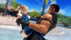 Rule 34 | 1boy, 1girl, 3d, angry, battle, bayman (doa), beach, blonde hair, dead or alive, dead or alive 5, highres, marie rose, ocean, official art, palm tree, tecmo, tree, water