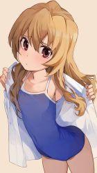 Rule 34 | 1girl, aisaka taiga, arched back, beige background, blue one-piece swimsuit, blush, brown eyes, brown hair, collarbone, commentary request, competition school swimsuit, cowboy shot, flat chest, hair between eyes, highres, hiroki (yyqw7151), light frown, long hair, looking at viewer, one-piece swimsuit, school swimsuit, shirt, simple background, solo, swimsuit, toradora!, undressing, white shirt