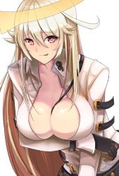Rule 34 | 1girl, bad id, bad twitter id, breast hold, breasts, cleavage, spiked halo, gloves, guilty gear, guilty gear xrd, halo, heart, heart-shaped pupils, highres, jack-o&#039; valentine, large breasts, long hair, otsumami (otsu-mugi), red eyes, solo, symbol-shaped pupils, white hair