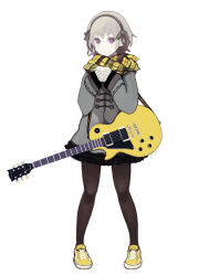 Rule 34 | 1girl, baozi, commentary request, eating, electric guitar, food, full body, gibson les paul, grey hair, guitar, hairband, himao, instrument, jacket, original, pantyhose, purple eyes, scarf, shoes, short hair, simple background, skirt, smile, sneakers, solo, white background