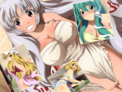 Rule 34 | 4girls, alice margatroid, apron, apron pull, bent over, big hair, blonde hair, blue bra, blue eyes, blue panties, blush, body blush, bow, bra, breasts, chair, cleavage, clenched teeth, clothes pull, covered erect nipples, embarrassed, from behind, from side, fujiwara no mokou, hair bow, hair ornament, hair tubes, hairband, hand up, hands on own hips, hat, kochiya sanae, large breasts, long hair, looking at viewer, mob cap, multiple girls, naked apron, nearly naked apron, open mouth, panties, perspective, photo (object), red eyes, short hair, silver hair, snake hair ornament, standing, striped bra, striped clothes, striped panties, table, teeth, thighs, touhou, underwear, very long hair, yadokari genpachirou, yakumo yukari