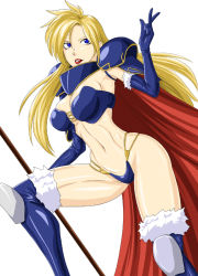 Rule 34 | 1girl, blonde hair, blue eyes, breasts, cape, large breasts, lipstick, long hair, makeup, ml, simple background, solo
