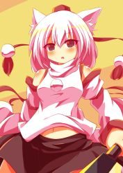 Rule 34 | 1girl, animal ears, bad id, bad pixiv id, bare shoulders, blush, breasts, detached sleeves, fang, hat, holding, holding weapon, inubashiri momiji, looking at viewer, midriff, navel, open mouth, pom pom (clothes), short hair, silver hair, simple background, skirt, solo, sword, tokin hat, touhou, vier, weapon, wolf ears