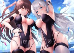 Rule 34 | 2girls, arm behind back, arm strap, arm up, armpits, azur lane, bare hips, black dress, black legwear, blue eyes, blue sky, blunt ends, blush, breasts, brown eyes, center opening, cleavage, cloud, commentary request, confetti, cowboy shot, day, dress, earrings, from below, garter straps, hand on own hip, jewelry, large breasts, long hair, looking at viewer, looking down, mole, mole under eye, multiple girls, navel, one side up, outdoors, oyuwari, parted lips, revealing clothes, shoukaku (azur lane), shoukaku (sororal wings) (azur lane), sky, sleeveless, sleeveless dress, smile, stomach, stud earrings, thighhighs, very long hair, white legwear, wrist cuffs, zuikaku (azur lane), zuikaku (the wind&#039;s true name) (azur lane)