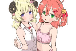 Rule 34 | 2girls, alternate breast size, bell, blonde hair, camisole, commentary request, flat chest, green eyes, hair bell, hair ornament, hair scrunchie, hairclip, highres, hololive, horns, jewelry, jitome, low twintails, multiple girls, navel, necklace, one side up, pink hair, purple eyes, sabaku chitai, sakura miko, scrunchie, sheep girl, sheep horns, triangle mouth, tsunomaki watame, twintails, underwear, virtual youtuber, x hair ornament