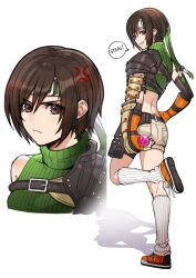 Rule 34 | 1girl, anger vein, belt, brown eyes, brown hair, closed mouth, commentary, commentary request, crop top, cropped sweater, final fantasy, final fantasy vii, fingerless gloves, gloves, green sweater, headband, highres, leg warmers, lukrevadraws, mixed-language commentary, multiple views, short hair, shorts, single bare shoulder, smile, socks, standing, standing on one leg, sweater, teeth, turtleneck, turtleneck sweater, v-shaped eyebrows, white background, white socks, yuffie kisaragi