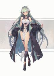 Rule 34 | 1girl, aqua hair, bare shoulders, black coat, black footwear, blush, boots, breasts, center opening, cleavage, cleavage cutout, closed mouth, clothes between thighs, clothing cutout, coat, dress, fate/grand order, fate (series), full body, green eyes, groin, horns, kiyohime (fate), knee boots, long hair, long sleeves, looking at viewer, medium breasts, off shoulder, open clothes, open coat, oukawa yuu, sidelocks, smile, solo, standing, thigh strap, very long hair, white dress