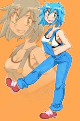 Rule 34 | 1girl, :d, allenby beardsley, bare arms, bare shoulders, blue hair, breasts, cleavage, commentary request, full body, g gundam, green eyes, gundam, looking at viewer, medium breasts, onnaski, open mouth, overalls, photoshop (medium), projected inset, short hair, smile, solo, sports bra, standing, standing on one leg