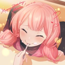 Rule 34 | 1girl, ^ ^, absurdres, bang dream!, blush, breast rest, breasts, breasts on table, cafe, closed eyes, closed mouth, dated, eating, english text, food, food on face, happy birthday, highres, holding, holding spoon, indoors, low twintails, medium hair, nobusawa osamu, pink hair, pov, short twintails, sitting, smile, solo focus, spoon, twintails, uehara himari, upper body, utensil in mouth