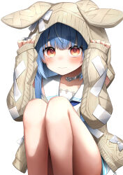 Rule 34 | 1girl, absurdres, animal hood, blue hair, blue neckerchief, blunt bangs, blush, brown cardigan, cable knit, cardigan, cross-laced clothes, cross-laced sleeves, dress, hands on own head, highres, hololive, hood, hood pull, hood up, hooded cardigan, jewelry, knees up, long hair, looking at viewer, neck ring, neckerchief, official alternate costume, official alternate hairstyle, orange eyes, pepushi drow, rabbit-shaped pupils, rabbit hood, sailor collar, sailor dress, short dress, short eyebrows, simple background, solo, straight hair, symbol-shaped pupils, tearing up, thick eyebrows, usada pekora, usada pekora (casual), virtual youtuber, white background, white dress, white sailor collar