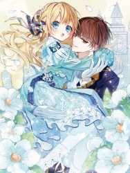 Rule 34 | 1boy, 1girl, blonde hair, blue eyes, blush, brown eyes, brown hair, carrying, chano hinano, character request, clock, clock tower, copyright request, flower, hair ribbon, highres, male focus, official art, open mouth, princess carry, ribbon, tower