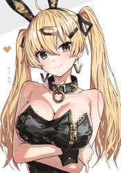 Rule 34 | 1girl, animal ears, bare shoulders, black collar, black eyes, black leotard, black ribbon, blonde hair, breasts, cleavage, closed mouth, collar, collarbone, commentary request, crossed arms, earrings, fake animal ears, grey background, hair between eyes, hair ornament, hair ribbon, hairclip, highres, jewelry, large breasts, leotard, looking at viewer, original, rabbit ears, ribbon, smile, solo, takanashi kei (hitsujikan), twintails, two-tone background, upper body, white background, zipper