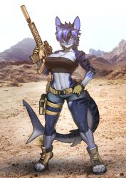 Rule 34 | 1girl, absurdres, animal ears, assault rifle, bandeau, belt, belt buckle, blue eyes, blue hair, breasts, buckle, collarbone, commission, denim, denim shorts, fang, fins, fish tail, full body, fur, furry, furry female, gloves, gun, handgun, highleg, highleg panties, highres, holding, holding gun, holding weapon, holster, holstered, large breasts, looking at viewer, magazine (weapon), midriff, muscular, muscular female, navel, open-toe shoes, original, outdoors, panties, pgm300, pistol, pouch, rifle, scope, shark tail, short hair, short shorts, shorts, sig mcx, skindentation, smile, solo, standing, strapless, suppressor, tail, tiptoes, tube top, underwear, weapon