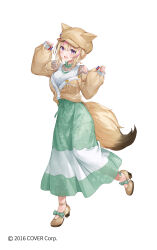 Rule 34 | 1girl, :d, animal ears, animal hat, black hair, blonde hair, blush, bow, breasts, brown footwear, brown hat, cabbie hat, clothing cutout, copyright notice, fake animal ears, full body, green bow, green skirt, hair between eyes, hat, higeneko, hololive, long sleeves, looking at viewer, medium breasts, multicolored hair, official art, omaru polka, omaru polka (street casual), open mouth, pink hair, puffy long sleeves, puffy sleeves, purple eyes, shirt, shoes, shoulder cutout, simple background, skirt, sleeves past wrists, smile, solo, standing, standing on one leg, streaked hair, tail, virtual youtuber, white background, white shirt
