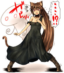 1girl animal_ears black_dress breasts brown_hair cat_ears cat_tail collar dress highres kotoba_noriaki kotobanori_aki long_hair open_mouth original simple_background strap_slip tail translation_request very_long_hair white_background