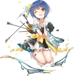 Rule 34 | 1girl, ;o, archery, arrow (projectile), artist request, bare shoulders, blue hair, blue skirt, bow (weapon), broken, broken weapon, brown eyes, covering privates, covering breasts, flower, full body, gloves, hair flower, hair ornament, kitsuki (oshiro project), kyuudou, official art, one eye closed, oshiro project:re, oshiro project:re, partially fingerless gloves, partly fingerless gloves, short hair, skirt, solo, tearing up, torn clothes, transparent background, weapon, yugake