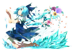 Rule 34 | 1girl, bad id, bad pixiv id, bare legs, barefoot, blue eyes, blue hair, bow, cirno, dress, flower, full body, hair bow, hirasaka ine, ice, kneeling, matching hair/eyes, open hands, petals, short hair, simple background, solo, torn clothes, touhou, wings