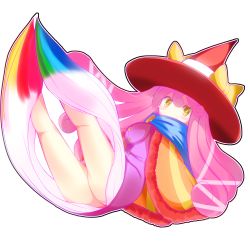 Rule 34 | 1girl, artist request, ass, blush, bow, breasts, cape, curly hair, dress, hat, highres, kirby: triple deluxe, kirby (series), legs, long hair, looking at viewer, nintendo, paintra, personification, pink hair, scarf, showgirl skirt, simple background, skirt, very long hair, white background, witch, witch hat, yellow eyes