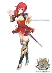 Rule 34 | 1girl, bad id, bad twitter id, boots, brave girl ravens, breasts, cleavage, copyright name, detached sleeves, epaulettes, f-cla, full body, highres, holding, holding weapon, knee boots, long hair, looking at viewer, lucretia falstini, medium breasts, red eyes, red hair, simple background, smile, solo, sword, thighhighs, weapon, white background, zettai ryouiki
