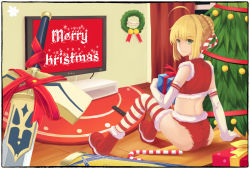 Rule 34 | 1girl, ahoge, alternate costume, artoria pendragon (all), artoria pendragon (fate), avalon (fate/stay night), blonde hair, candy, candy cane, christmas, christmas ornaments, christmas tree, curtains, elbow gloves, excalibur (fate/stay night), fate/stay night, fate (series), food, gift, gloves, green hair, highres, merry christmas, saber (fate), santa costume, solo, striped clothes, striped thighhighs, thighhighs, wreath, yurix